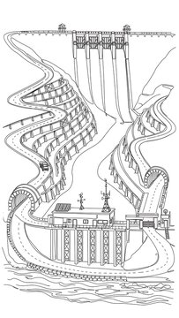 Illustrated hydroelectric dam on white background.
