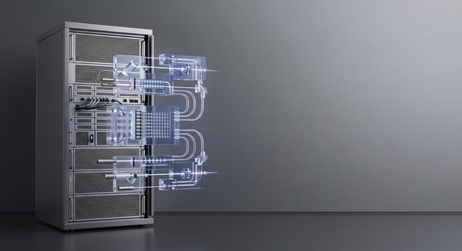 Quantum photonic server rack with transparent optical chip modules emitting light beams for advanced data infrastructure