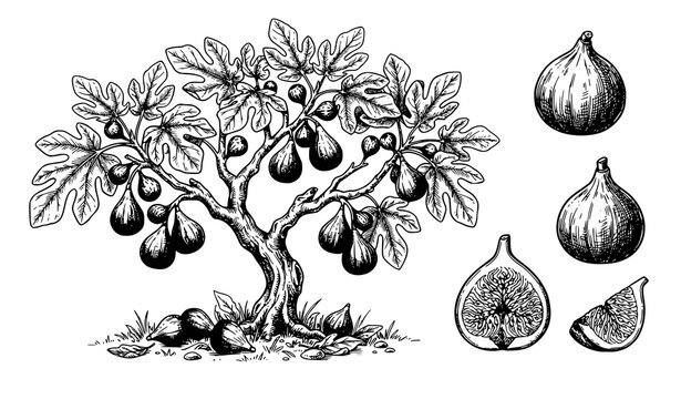 Fig tree leaves and fresh fig fruit black white botanical sketch vector set