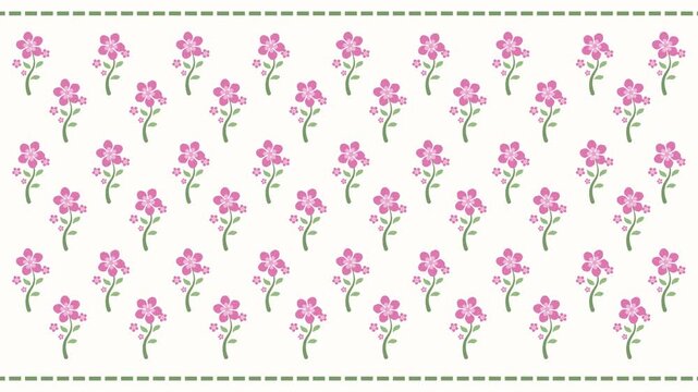 4k Footage animation of slide up pink floral flowery geometric pattern with flowers blooming repeating design. Vintage folk art style graphic featuring botanical elements in white cream background.
