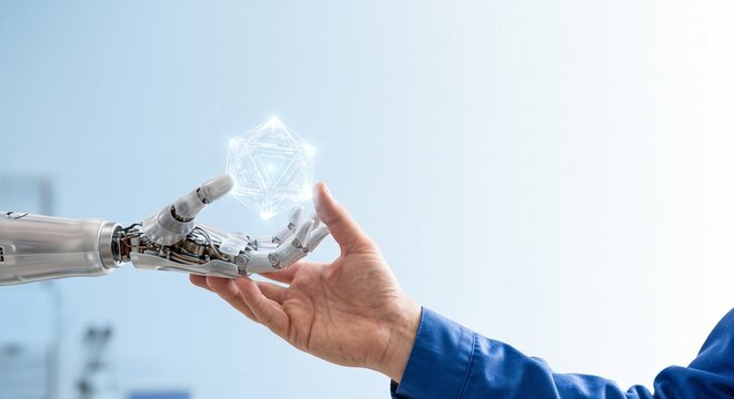 Robotic Hand and Human Engineer Sharing Glowing Geometric Hologram Data for AI Technology and Digital Transformation Concept
