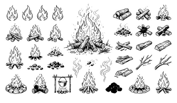 Campfire bonfire flames logs and sparks black line sketch vector collection