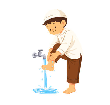 Muslim Boy Performing Wudu Ablution Before Prayer Illustration
