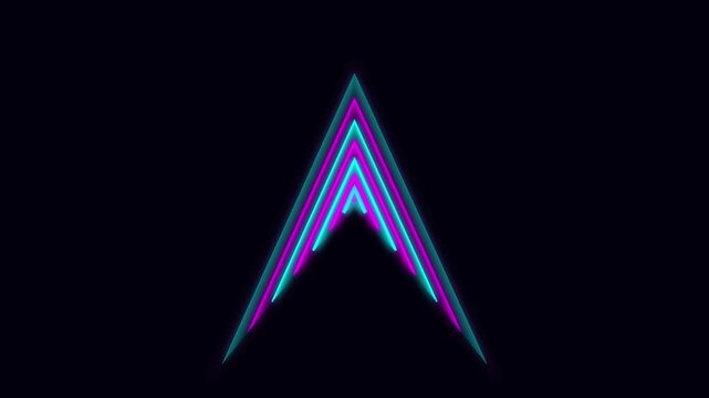 Dynamic neon arrow pointers moving upwards on dark background abstract geometric shape animation with bright futuristic glowing effect.