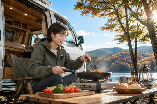 キャンピングカーで野外料理をする女性