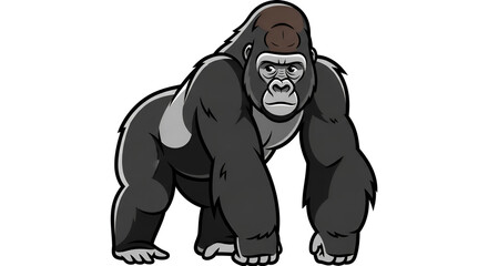 Naklejka premium Vivid cartoon illustration of a majestic black gorilla, portraying a powerful and robust jungle primate standing with an imposing presence, ideal for nature and animal-themed projects