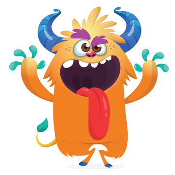 Funny Happy Cartoon Monster Character with Big Eyes and Teeth Showing long Tongue Isolated