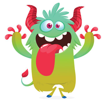 Funny Happy Cartoon Monster Character with Big Eyes and Teeth Showing long Tongue Isolated