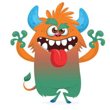 Funny Happy Cartoon Monster Character with Big Eyes and Teeth Showing long Tongue Isolated