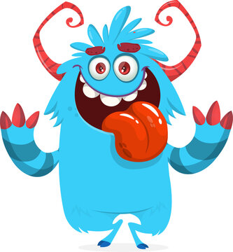 Cute Hairy Cartoon Monster Mascot with Claws and Big Teeth Isolated on White
