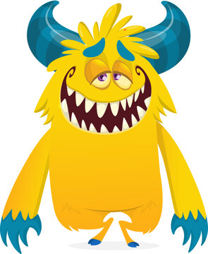 Cute Hairy Cartoon Monster Mascot with Claws and Big Teeth Isolated on White