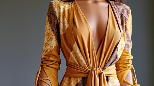 Flowing garment displays intricate patchwork and deep neckline.