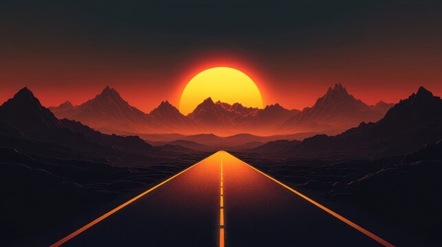 A winding orange road under a dark sky with distant mountains and a glowing sunset in the background, showcasing minimalism and high contrast