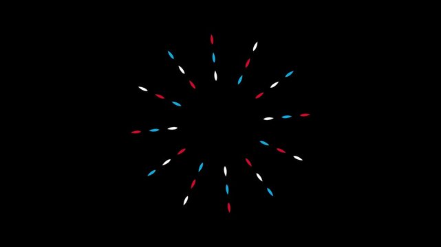 Abstract circular motion graphic featuring pulsing dots in white red and blue colors arranged in radial pattern on black background for digital broadcast design.