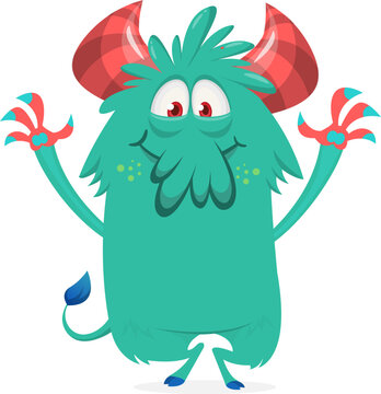 Cute Hairy Cartoon Monster Mascot with Claws and Big Teeth Isolated on White