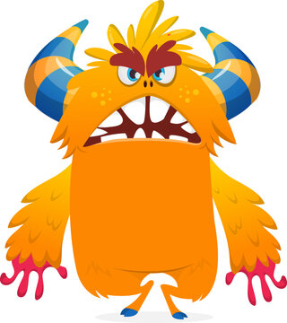 Cute Hairy Cartoon Monster Mascot with Claws and Big Teeth Isolated on White