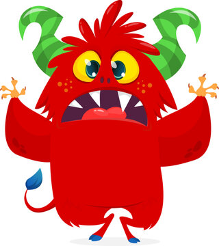Cute Hairy Cartoon Monster Mascot with Claws and Big Teeth Isolated on White