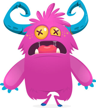Cute Hairy Cartoon Monster Mascot with Claws and Big Teeth Isolated on White