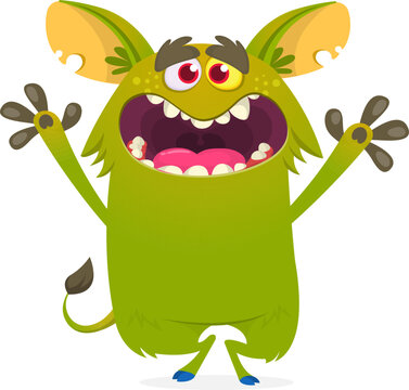 Cute Hairy Cartoon Monster Mascot with Claws and Big Teeth Isolated on White