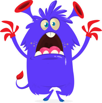 Cute Hairy Cartoon Monster Mascot with Claws and Big Teeth Isolated on White