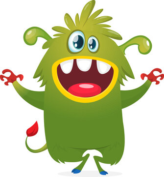 Cute Hairy Cartoon Monster Mascot with Claws and Big Teeth Isolated on White