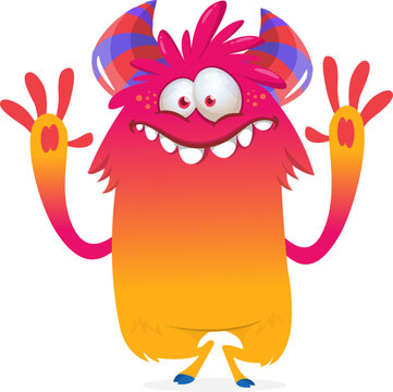 Cute Hairy Cartoon Monster Mascot with Claws and Big Teeth Isolated on White