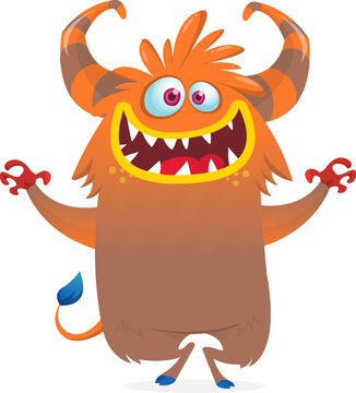Cute Hairy Cartoon Monster Mascot with Claws and Big Teeth Isolated on White