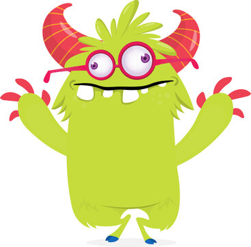 Furry Funny Cartoon Monster with Big Mouth and Sharp Teeth Isolated