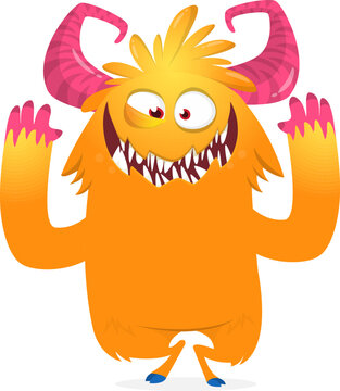 Furry Funny Cartoon Monster with Big Mouth and Sharp Teeth Isolated