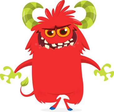 Furry Funny Cartoon Monster with Big Mouth and Sharp Teeth Isolated