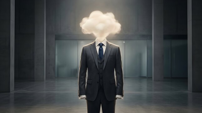 Professional businessman in a sharp grey suit standing with a fluffy white cloud replacing his head in a vast empty concrete minimalist office interior setting