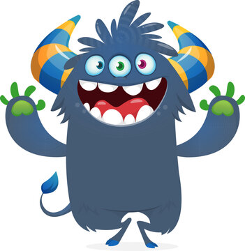 Three Eyed Silly Cartoon Monster Creature with Spots Isolated on White Background