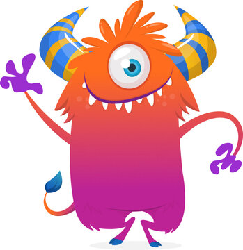 One Eyed Cute Cartoon Monster with Single Eye and Horns Isolated on White