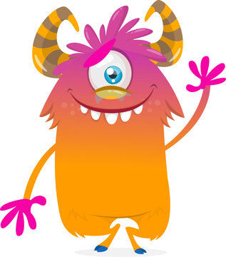 One Eyed Cute Cartoon Monster with Single Eye and Horns Isolated on White