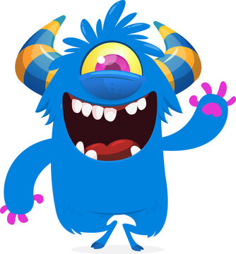 One Eyed Cute Cartoon Monster with Single Eye and Horns Isolated on White