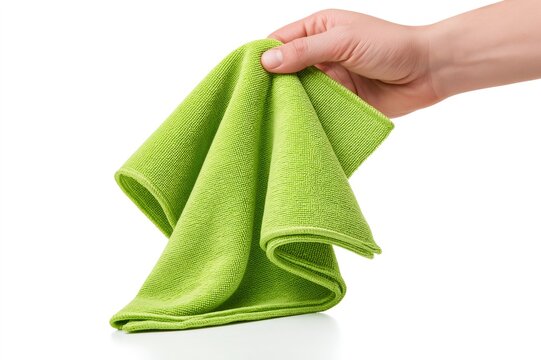 Hand holding green microfiber cloth for cleaning