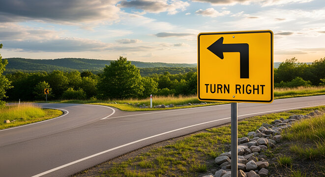 Confusing yellow road sign with turn right text and left arrow on a scenic mountain highway at sunset