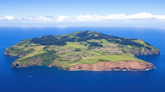 Aerial view of green island landscape.