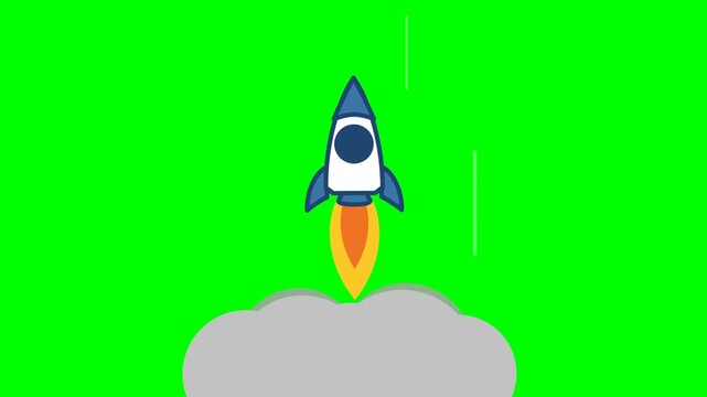Cartoon Rocket Ship Launching into Space against Green Screen Background