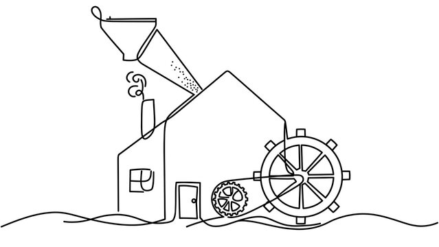 Historical water mill illustration white background.