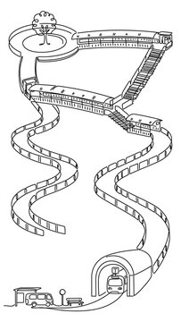 Illustrated roller coaster track white background.