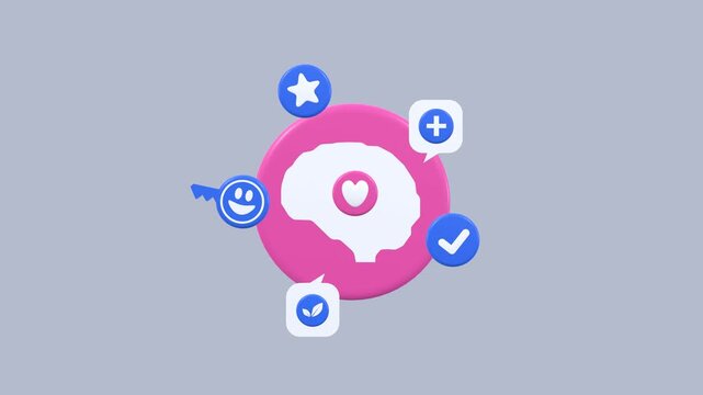 Mental health awareness animation showing heart and brain balance, emotional wellness, self care, mindfulness, and emotional intelligence. Suitable for healthcare and wellness content.