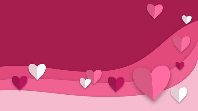 Paper Cutout Valentine Background with Pink Hearts and Flowing Layered Curves