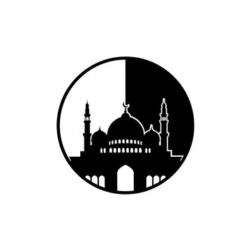 Black and white silhouette of a mosque in a circle