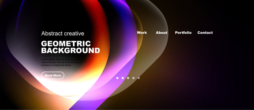 Abstract design features colorful overlapping circles. Website header includes navigation options, text, button. Dark background dominates image.