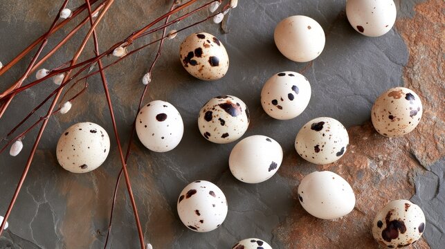 Several small speckled eggs are artfully arranged with delicate branches.