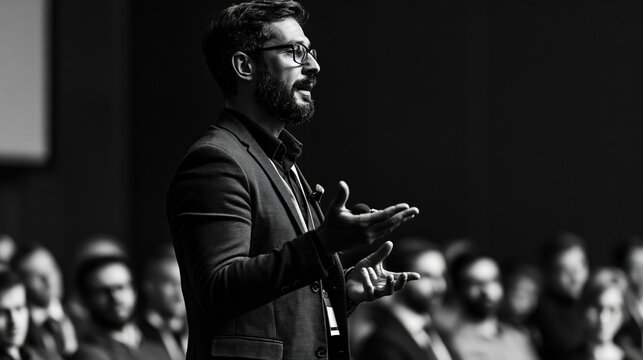 A man in a suit and glasses gestures with his hands while speaking to an audience.