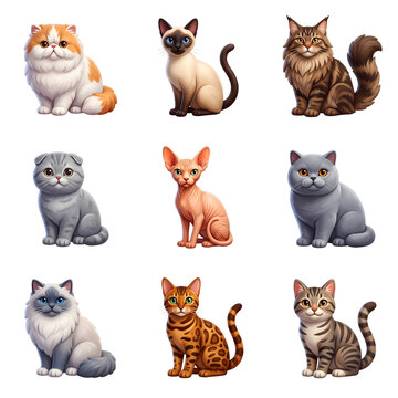 Full Body Purebred Cat Breeds 3D Visual Set for Feline Pedigree App