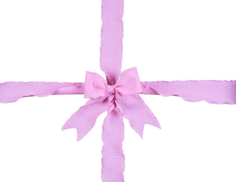 Crossed pink wavy wrinkled ribbon for gift wrapping with central bow isolated on a transparent background