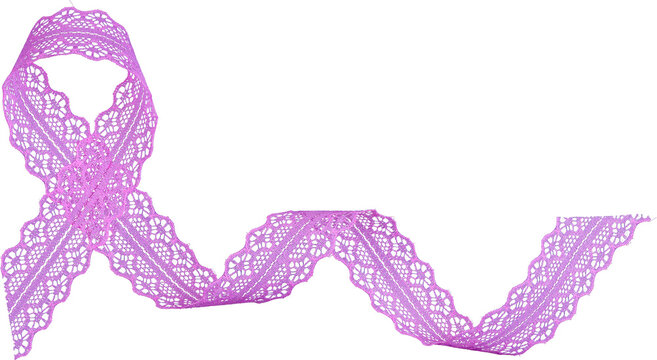 Fuchsia pink scalloped floral lace ribbon with solid center line wavy loop isolated on transparent background